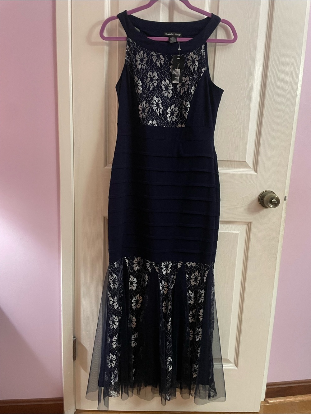 Sleeveless Navy Floral Lace Mermaid Maxi Dress by Criss-Cross